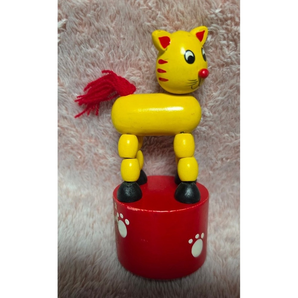 Vintage Wooden Push Puppet Cat Toy Yellow Red Wobbly Dancing Figurine